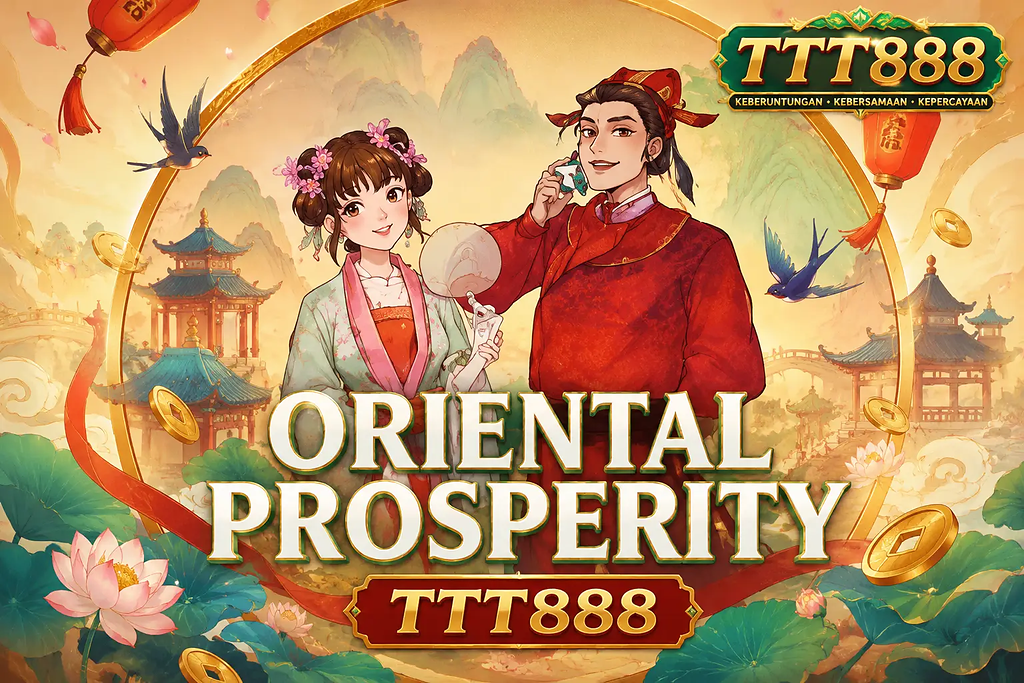 ORIENTAL PROSPERITY di TTT888 menampilkan lampion merah, ornamen emas, dan suasana budaya Timur yang elegan serta hangat